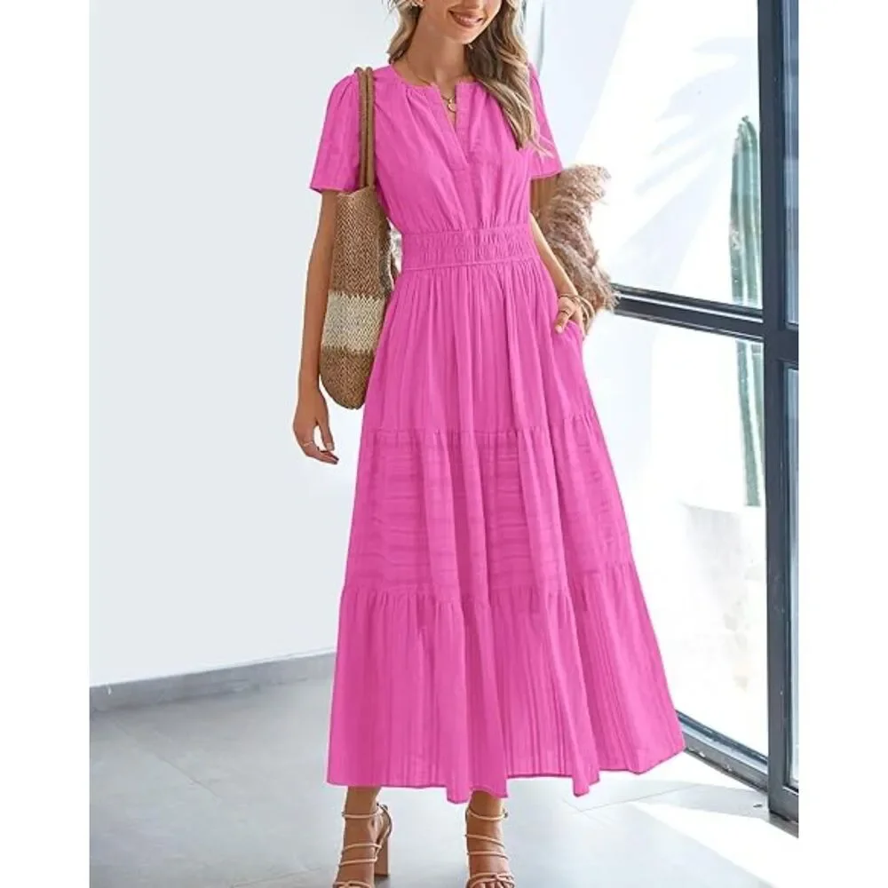 Women's Rose Red V Neck Short Sleeve A Line Summer Casual Maxi Dress Pockets
